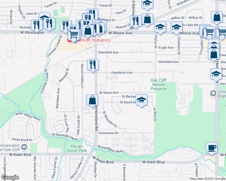 map of restaurants, bars, coffee shops, grocery stores, and more near 3151 West Saner Avenue in Dallas