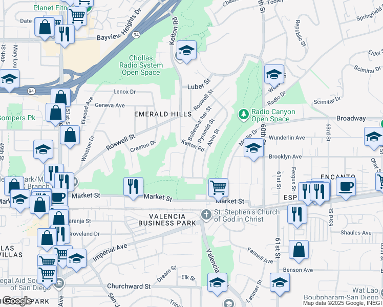 map of restaurants, bars, coffee shops, grocery stores, and more near 734 Pyramid Street in San Diego