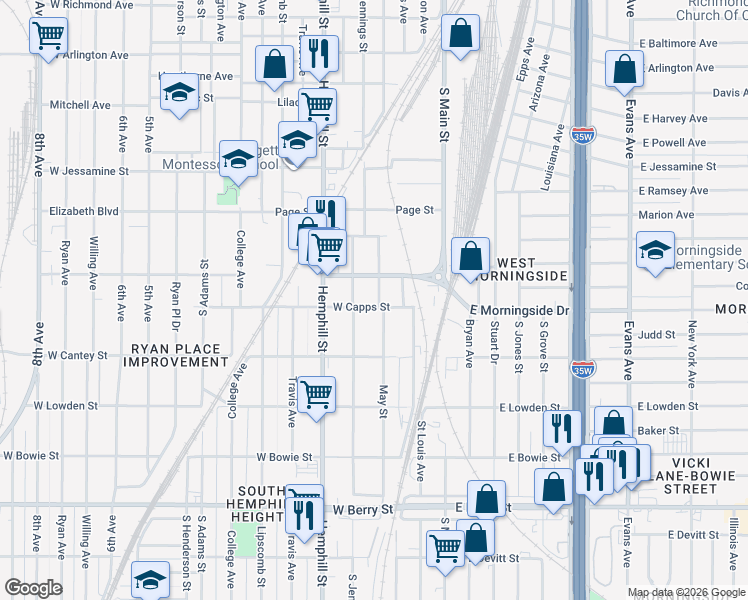 map of restaurants, bars, coffee shops, grocery stores, and more near 2626 May Street in Fort Worth