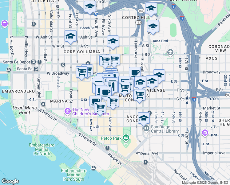 map of restaurants, bars, coffee shops, grocery stores, and more near 789 Sixth Avenue in San Diego