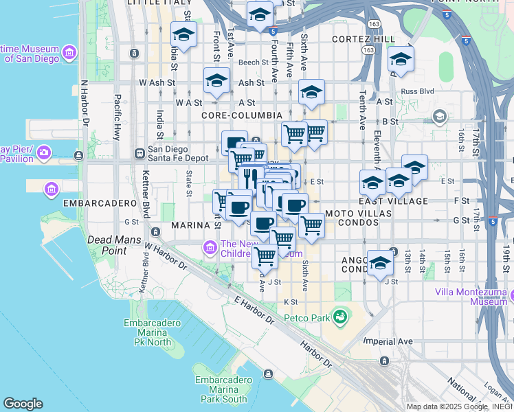 map of restaurants, bars, coffee shops, grocery stores, and more near 273 Horton Plaza in San Diego