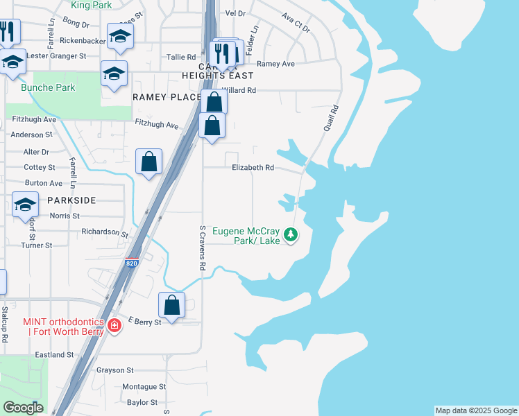 map of restaurants, bars, coffee shops, grocery stores, and more near 6200 Elizabeth Rd in Fort Worth