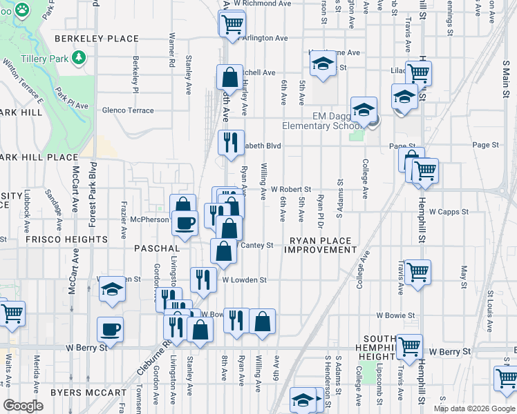 map of restaurants, bars, coffee shops, grocery stores, and more near 2621 Ryan Avenue in Fort Worth
