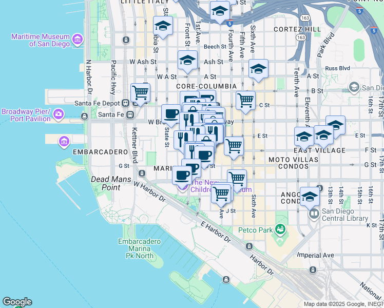 map of restaurants, bars, coffee shops, grocery stores, and more near 203 West F Street in San Diego