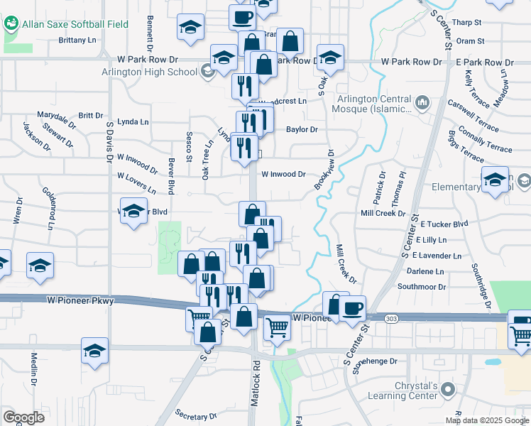 map of restaurants, bars, coffee shops, grocery stores, and more near 1919 South Cooper Street in Arlington