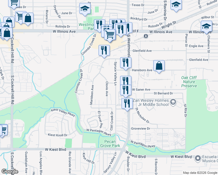 map of restaurants, bars, coffee shops, grocery stores, and more near 2952 Clovis Avenue in Dallas