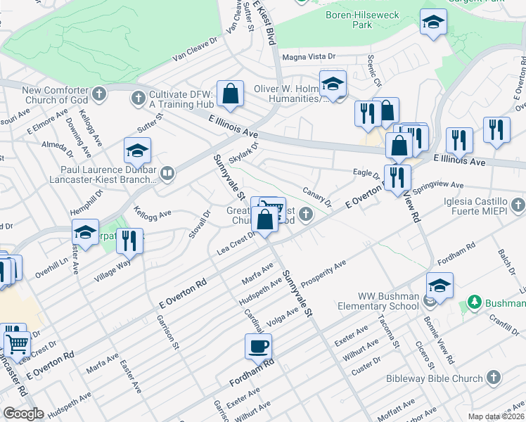 map of restaurants, bars, coffee shops, grocery stores, and more near 3515 Kellogg Avenue in Dallas