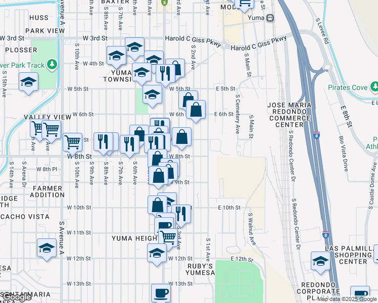 map of restaurants, bars, coffee shops, grocery stores, and more near 780 South 2nd Avenue in Yuma