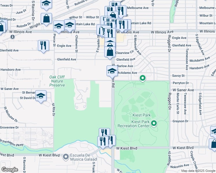 map of restaurants, bars, coffee shops, grocery stores, and more near 2959 South Hampton Road in Dallas