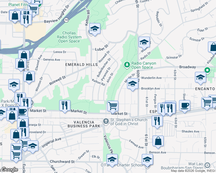 map of restaurants, bars, coffee shops, grocery stores, and more near 755 Alvin Street in San Diego
