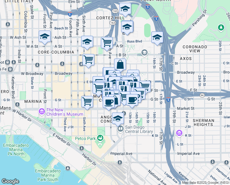 map of restaurants, bars, coffee shops, grocery stores, and more near in San Diego