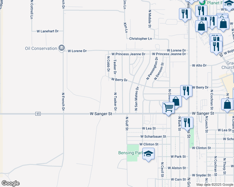 map of restaurants, bars, coffee shops, grocery stores, and more near 1230 North Tasker Drive in Hobbs