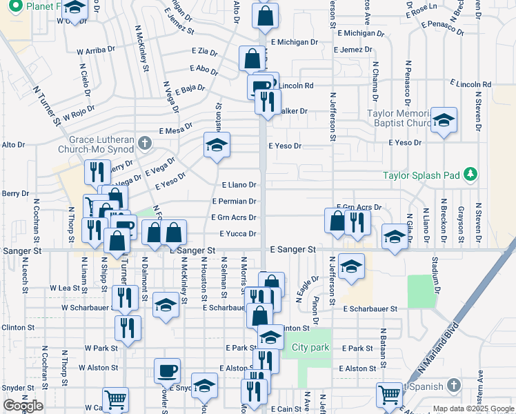 map of restaurants, bars, coffee shops, grocery stores, and more near 725 E Permian Dr in Hobbs