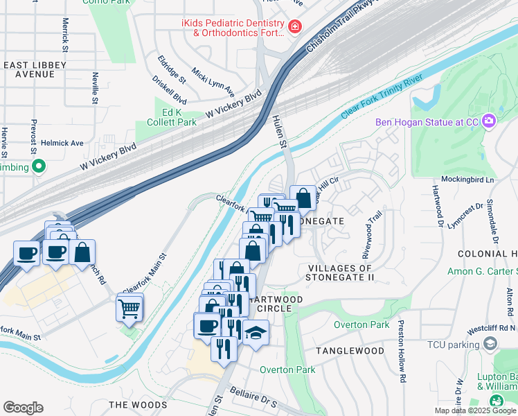 map of restaurants, bars, coffee shops, grocery stores, and more near 4455 Rivertree Boulevard in Fort Worth