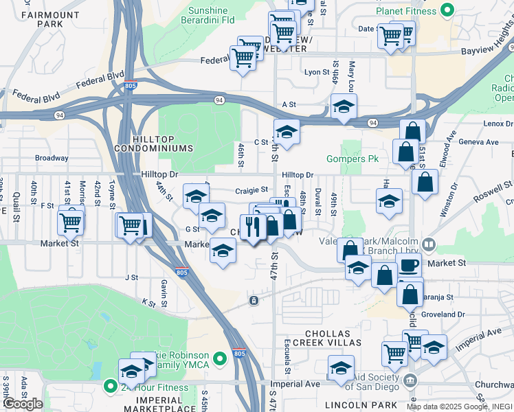 map of restaurants, bars, coffee shops, grocery stores, and more near 4647 F Street in San Diego