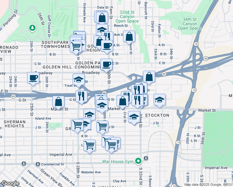 map of restaurants, bars, coffee shops, grocery stores, and more near 3041 F Street in San Diego