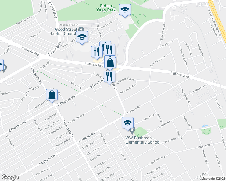 map of restaurants, bars, coffee shops, grocery stores, and more near 3715 Bonnie View Road in Dallas