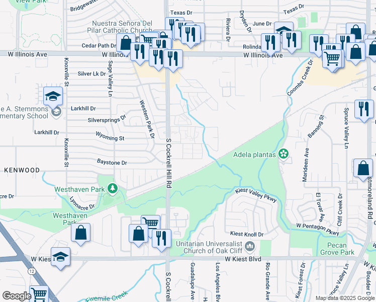 map of restaurants, bars, coffee shops, grocery stores, and more near 2704 South Cockrell Hill Road in Dallas