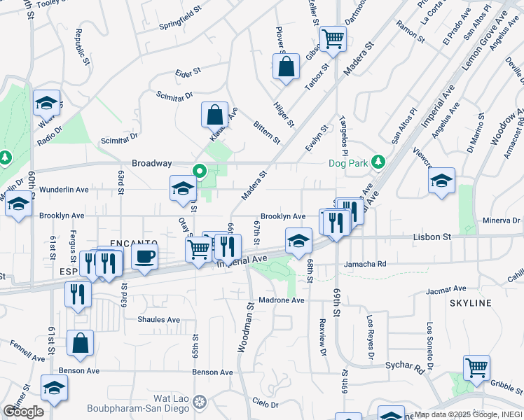 map of restaurants, bars, coffee shops, grocery stores, and more near 6706 Brooklyn Avenue in San Diego
