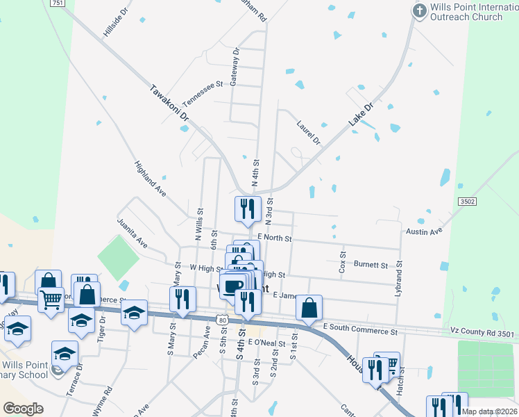 map of restaurants, bars, coffee shops, grocery stores, and more near 580 North 4th Street in Wills Point