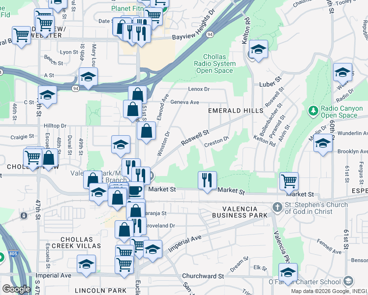 map of restaurants, bars, coffee shops, grocery stores, and more near 5323 Roswell St in San Diego