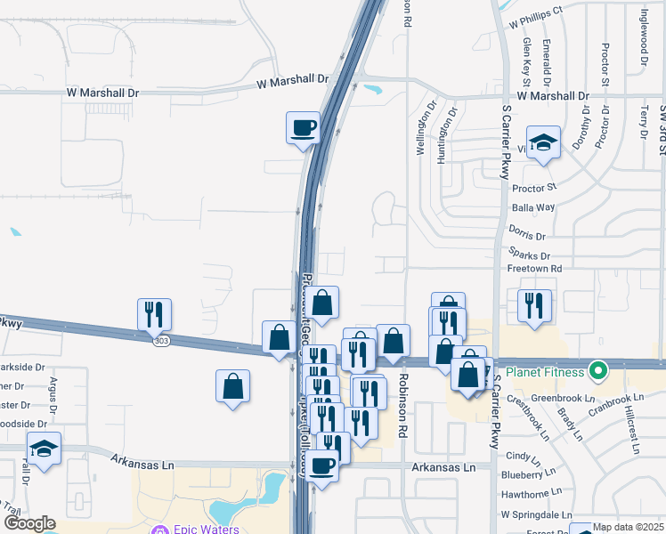 map of restaurants, bars, coffee shops, grocery stores, and more near 1933 State Highway 161 in Grand Prairie