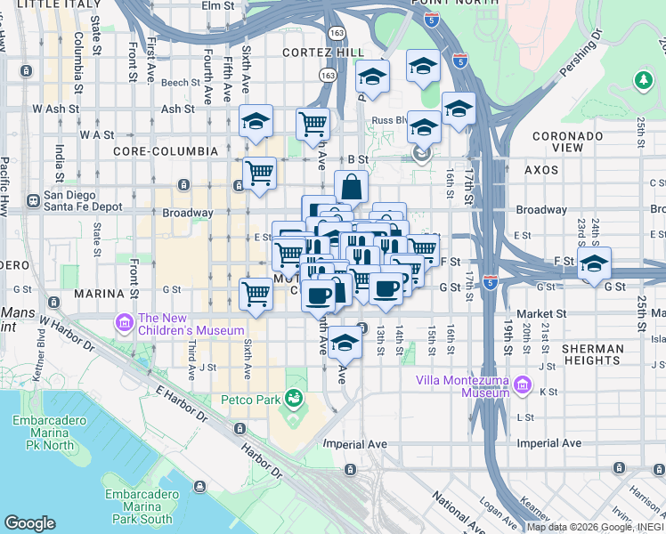 map of restaurants, bars, coffee shops, grocery stores, and more near 1023 F Street in San Diego