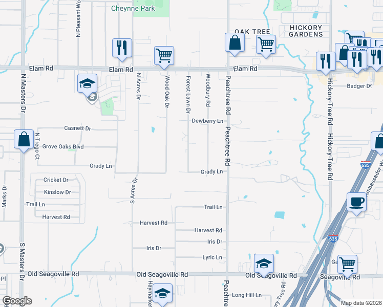 map of restaurants, bars, coffee shops, grocery stores, and more near 4020 Forest Lawn Drive in Balch Springs