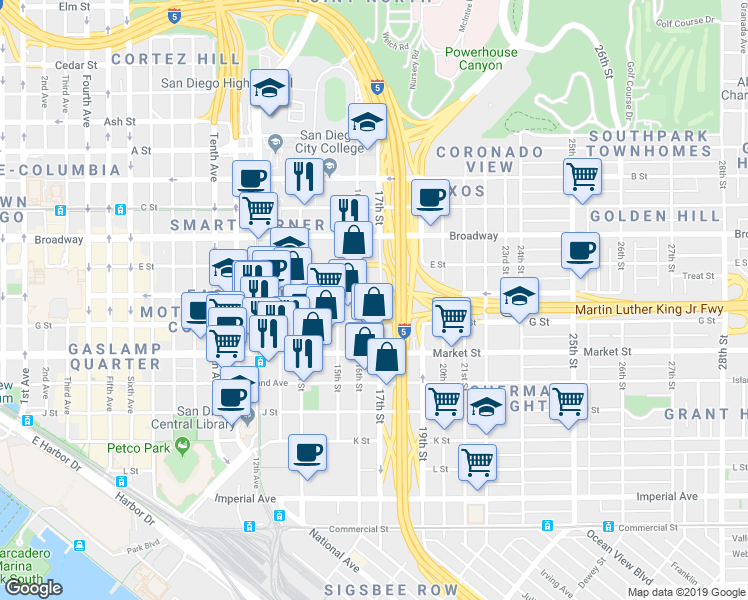 map of restaurants, bars, coffee shops, grocery stores, and more near 768 17th Street in San Diego