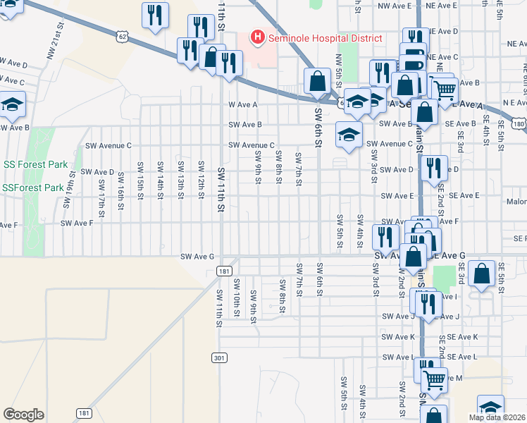 map of restaurants, bars, coffee shops, grocery stores, and more near 506 Southwest 8th Street in Seminole