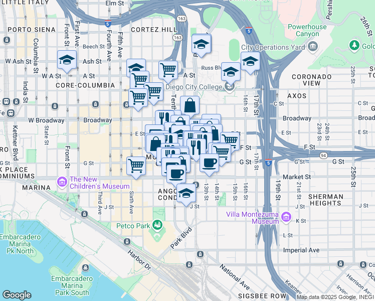 map of restaurants, bars, coffee shops, grocery stores, and more near 1113 F Street in San Diego