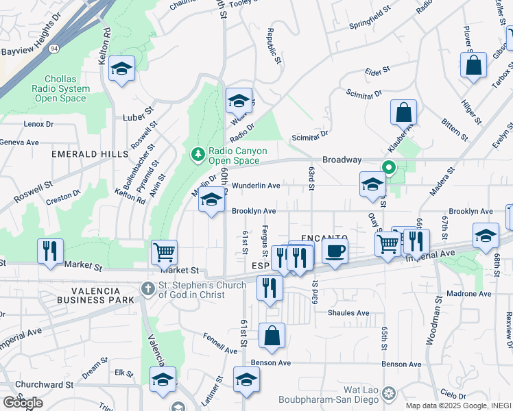 map of restaurants, bars, coffee shops, grocery stores, and more near 6124 1/2 Brooklyn Avenue in San Diego