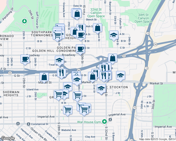 map of restaurants, bars, coffee shops, grocery stores, and more near 3041 F Street in San Diego