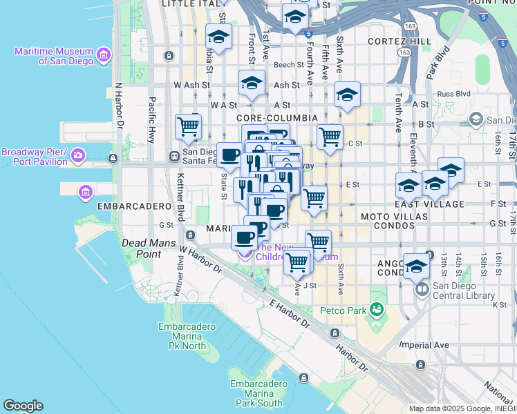 map of restaurants, bars, coffee shops, grocery stores, and more near 185 West F Street in San Diego