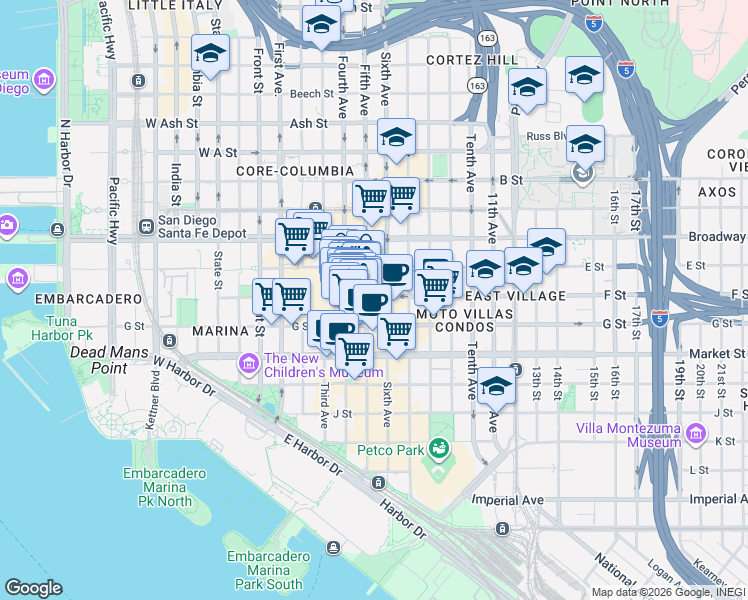 map of restaurants, bars, coffee shops, grocery stores, and more near 511 F Street in San Diego