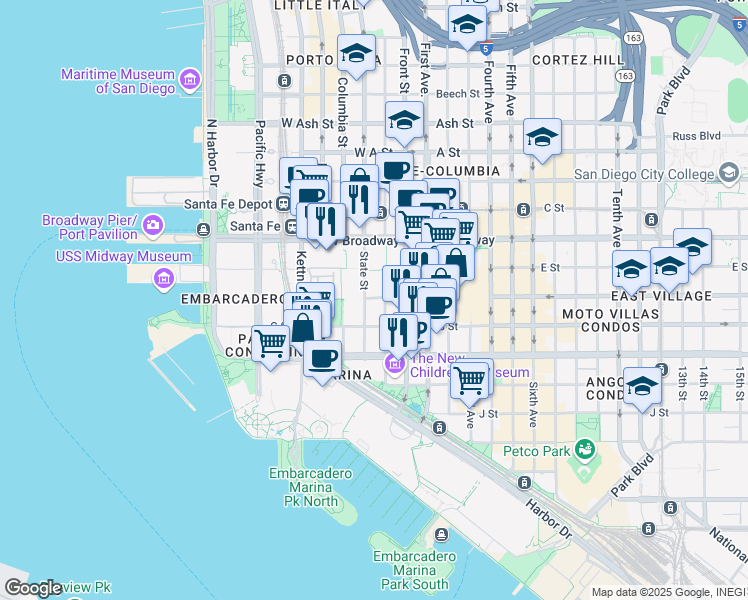 map of restaurants, bars, coffee shops, grocery stores, and more near 325 West F Street in San Diego
