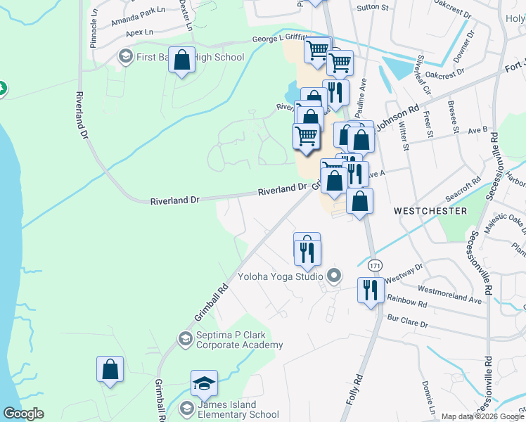 map of restaurants, bars, coffee shops, grocery stores, and more near 1815 Riverland Drive in Charleston