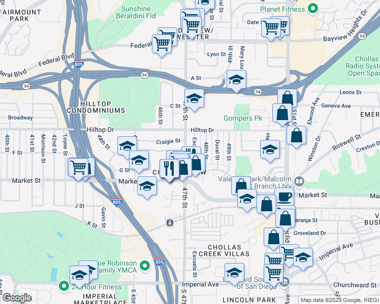 map of restaurants, bars, coffee shops, grocery stores, and more near 752-54 Escuela Street in San Diego