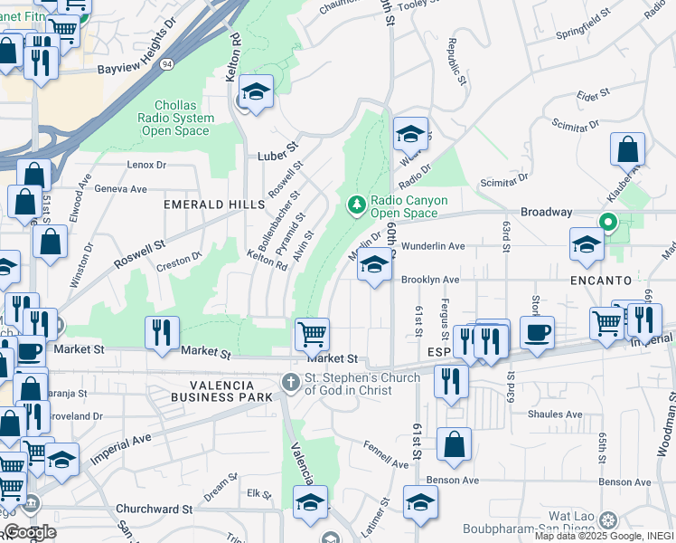 map of restaurants, bars, coffee shops, grocery stores, and more near 814 Merlin Drive in San Diego