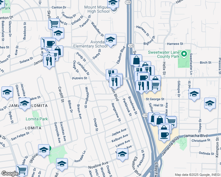 map of restaurants, bars, coffee shops, grocery stores, and more near 1051 Woodhaven Drive in Spring Valley