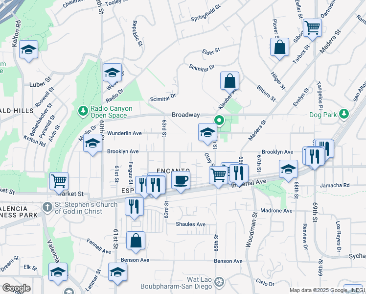 map of restaurants, bars, coffee shops, grocery stores, and more near 6328 Brooklyn Avenue in San Diego