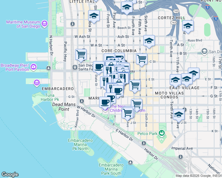 map of restaurants, bars, coffee shops, grocery stores, and more near 203 West F Street in San Diego