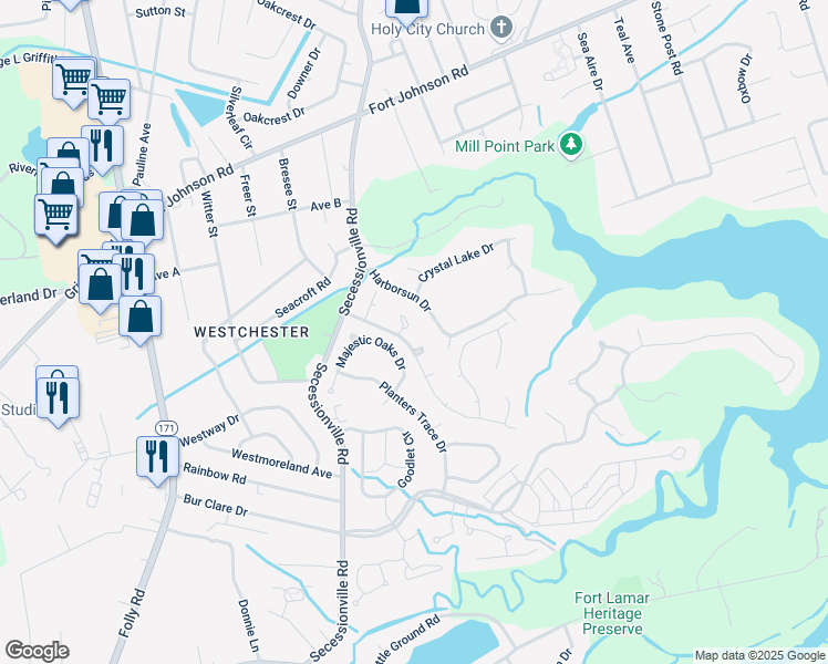 map of restaurants, bars, coffee shops, grocery stores, and more near 1445 Swamp Angel Court in Charleston