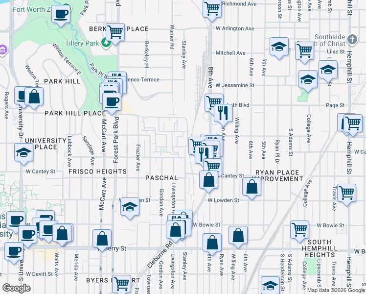 map of restaurants, bars, coffee shops, grocery stores, and more near 2677-2699 Park Hill Way South in Fort Worth