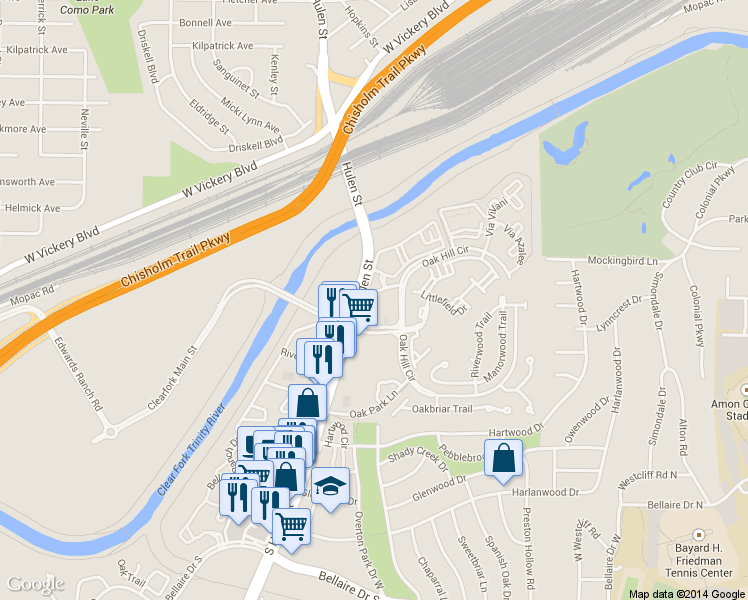 map of restaurants, bars, coffee shops, grocery stores, and more near 1989 Colonial Parkway in Fort Worth