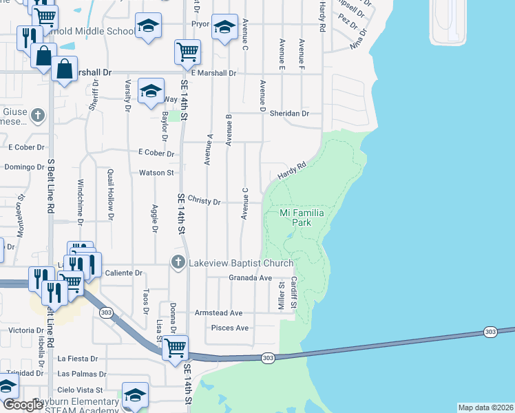 map of restaurants, bars, coffee shops, grocery stores, and more near 2201 Hardy Road in Grand Prairie