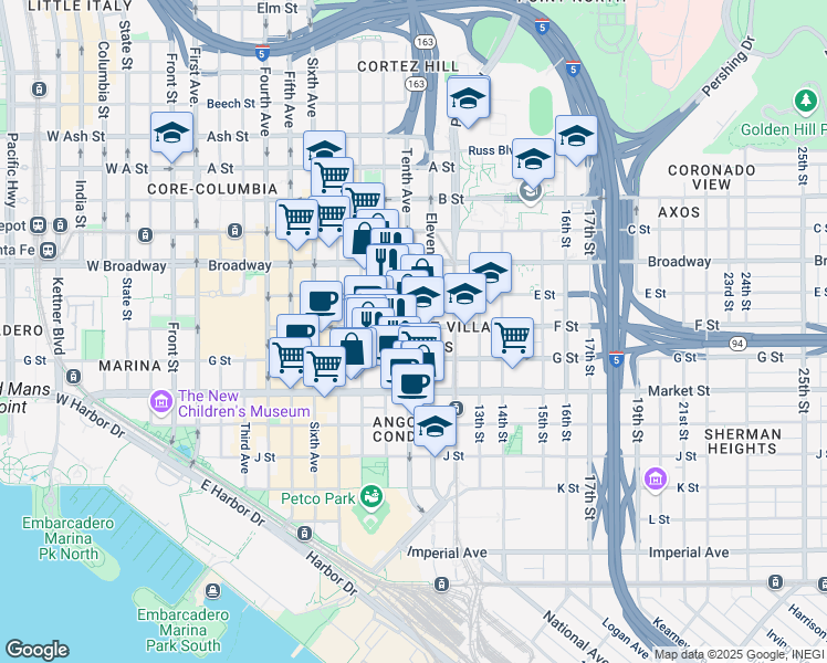 map of restaurants, bars, coffee shops, grocery stores, and more near 999 F Street in San Diego