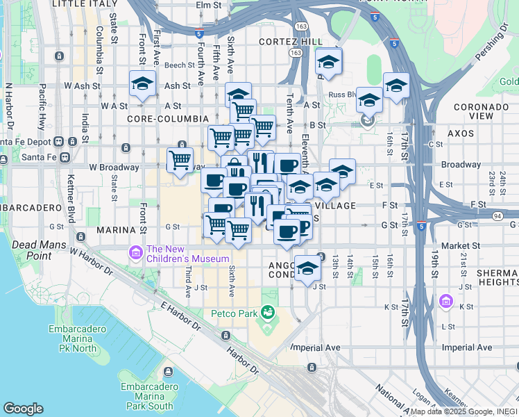 map of restaurants, bars, coffee shops, grocery stores, and more near 510 Eighth Avenue in San Diego