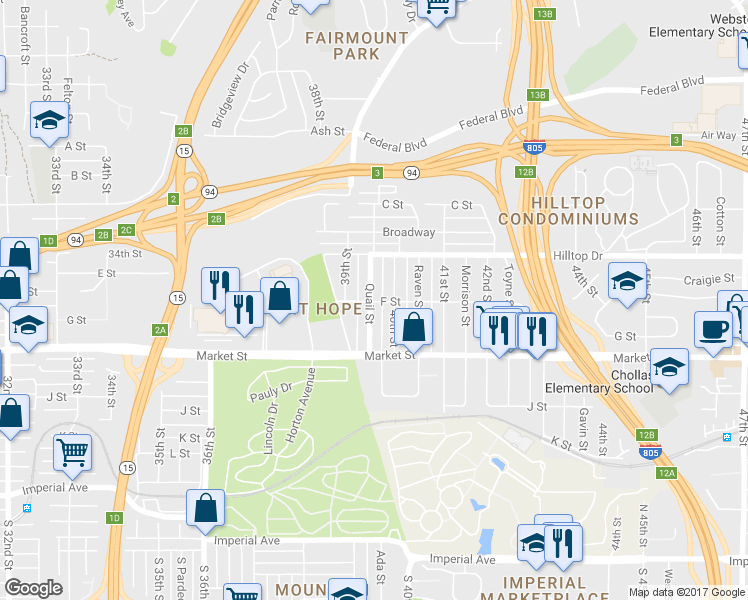 map of restaurants, bars, coffee shops, grocery stores, and more near 805 Quail Street in San Diego