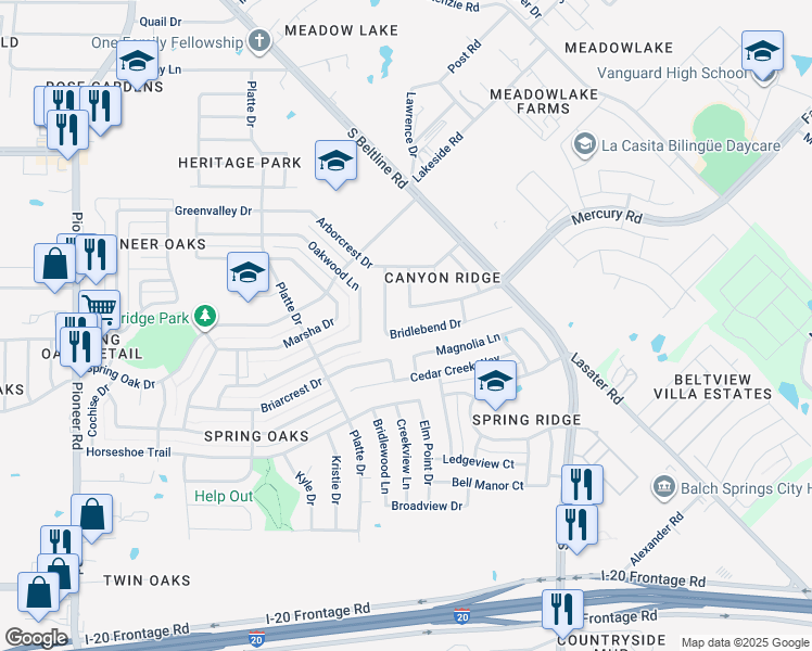 map of restaurants, bars, coffee shops, grocery stores, and more near 14723 Bridle Bend Drive in Balch Springs